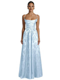 Floral Jacquard Prom Dresses for Women Spaghetti Straps A Line Satin Cowl Neck Formal Evening Party Dress