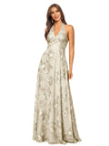 Jacquard Floral Lace Bridesmaid Dresses for Women Long A-Line Open Back Halter Formal Gown