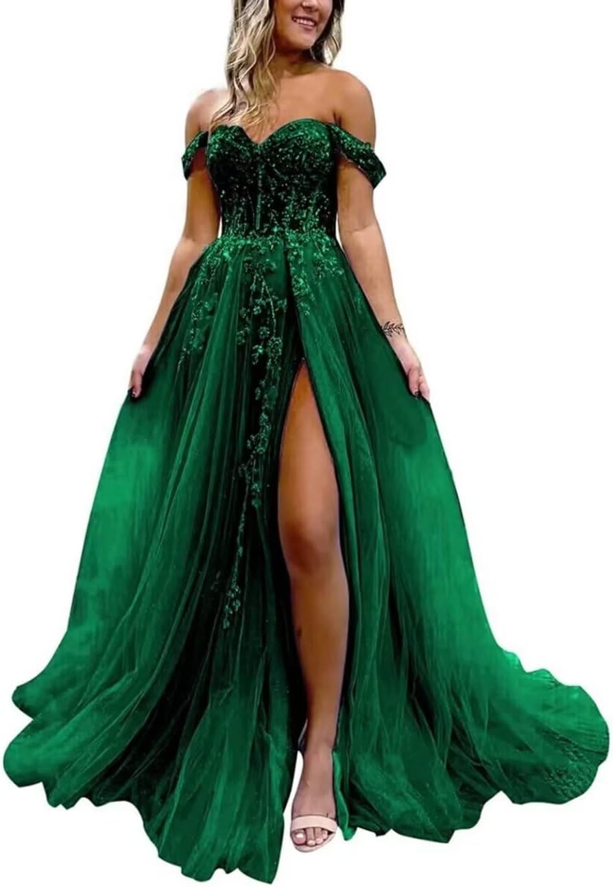 Off The Shoulder Tulle Prom Dress with Laces Applique A-line Slit Long Ball Gowns Glitter Formal Evening Dress