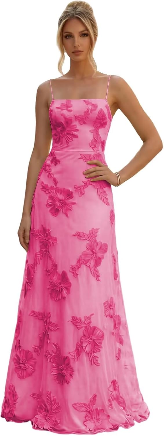 Floral Embroidery Prom Dresses for Women Spaghetti Straps A Line Formal Maxi Dress