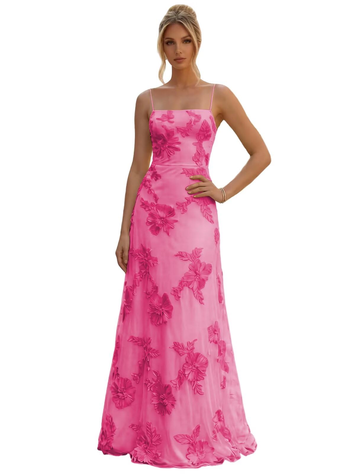 Floral Embroidery Prom Dresses for Women Spaghetti Straps A Line Formal Maxi Dress