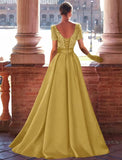 Kingbridal Gowns Short Sleeve Sequin Prom Dresses for Women 2026 Satin A-Line Sparkly Formal Evening Party Ball Gowns with Slit