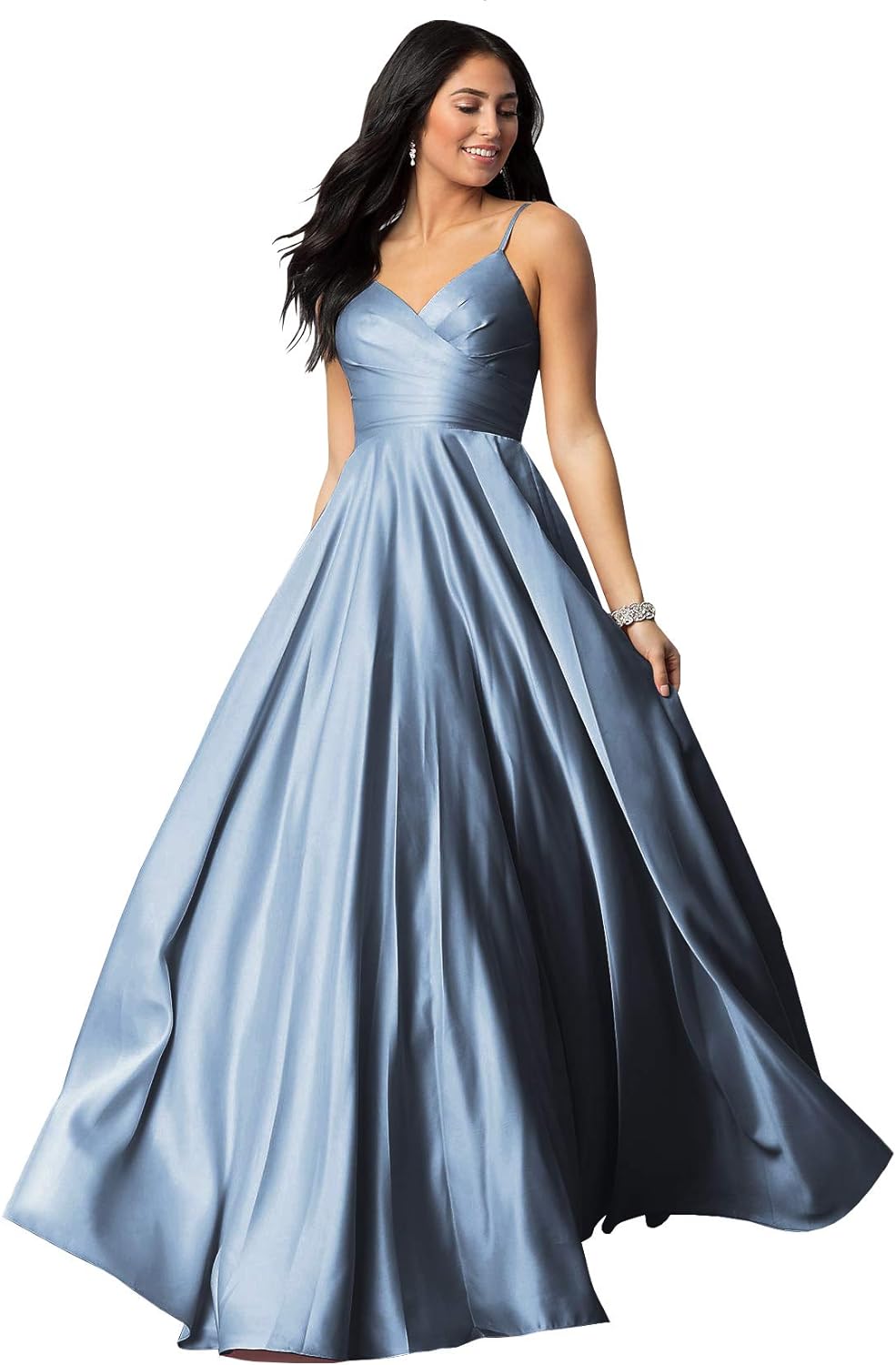 Women's Spaghetti Straps Satin Prom Dresses with Pockets V Neck Pleated Formal Evening Ball Gowns