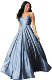 Women's Spaghetti Straps Satin Prom Dresses with Pockets V Neck Pleated Formal Evening Ball Gowns