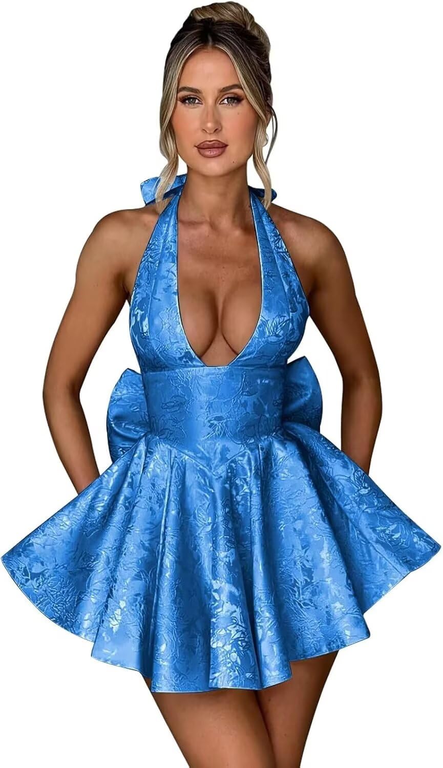 Satin Halter Homecoming Dresses for Teens 2027 V Neck Jacquard A-line Short Prom Cocktail Gowns with Bow