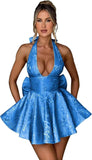 Satin Halter Homecoming Dresses for Teens 2027 V Neck Jacquard A-line Short Prom Cocktail Gowns with Bow