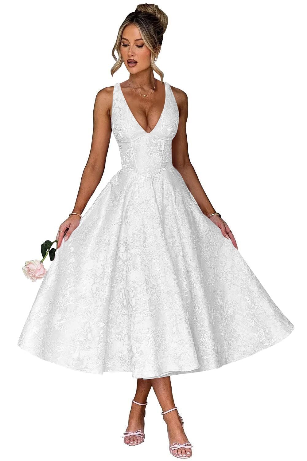 V Neck Tea Length Prom Dress for Women Satin Evening Party Gown A Line Cocktail Dress