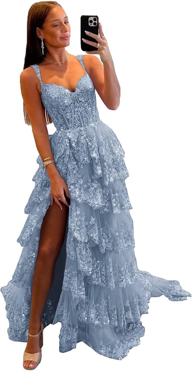 Vestido de fiesta de tul con encaje y capas, tirantes finos y abertura larga, corsé brillante, vestidos formales de fiesta de noche 