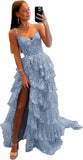 Vestido de fiesta de tul con encaje y capas, tirantes finos y abertura larga, corsé brillante, vestidos formales de fiesta de noche 
