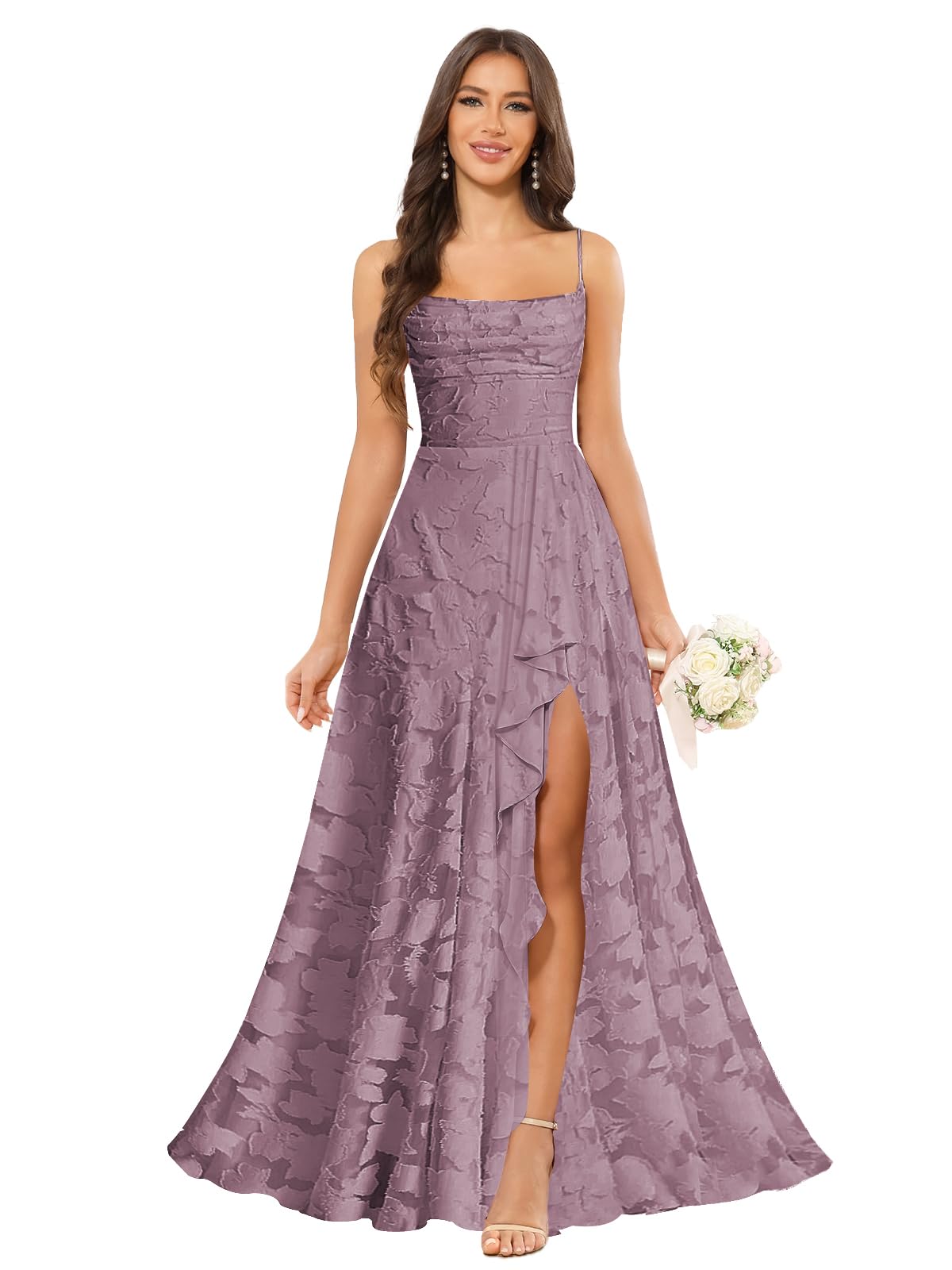Women’s Ruffled Bridesmaid Dresses Scoop Neck Floral Chiffon Formal Dress Wrap Pleated Wedding Guest Dress