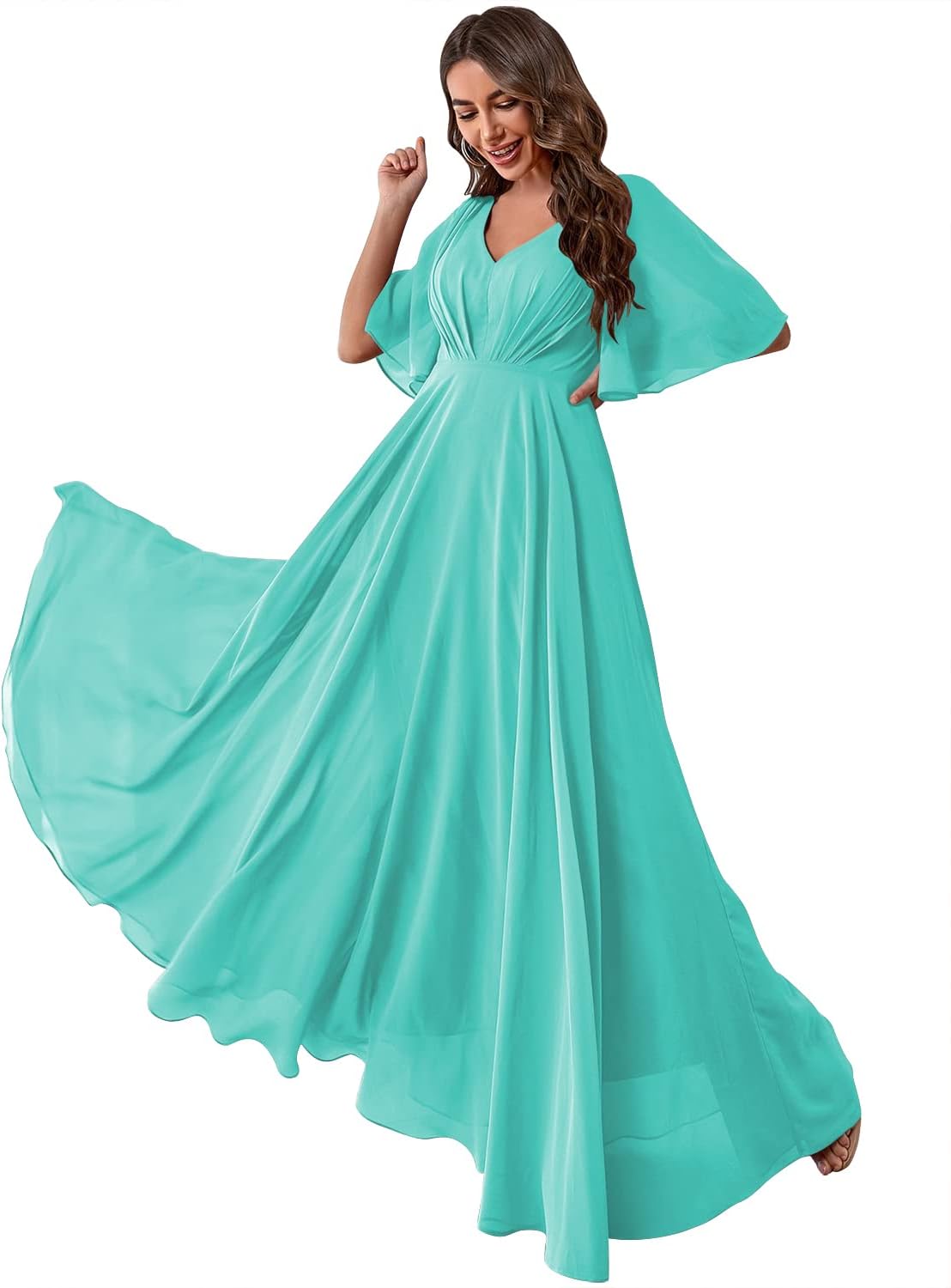 Women's Batwing Sleeve Chiffon Bridesmaid Dresses with Pockets V Neck Long Formal Evening Dress