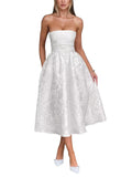 Satin Floral Jacquard Prom Dress for Women Strapless Corset Tea Length Formal Cocktail Evening Gowns