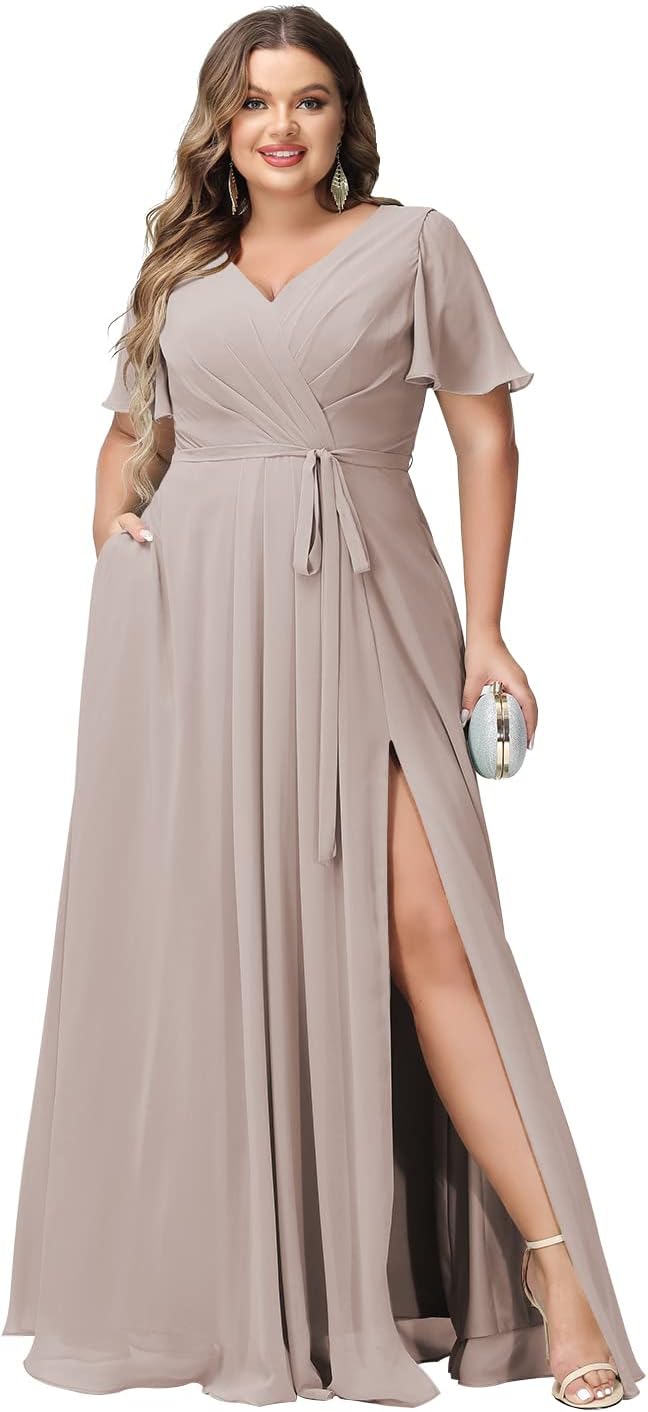 Plus Size Bridesmaid Dresses with Pockets V Neck Chiffon Flutter Sleeves Formal Evening Gowns with Slit