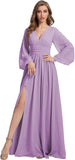 Womens V-Neck Long Sleeve Bridesmaid Dresses with Slit 2024 Ruched A-line Chiffon Prom Formal Dresses