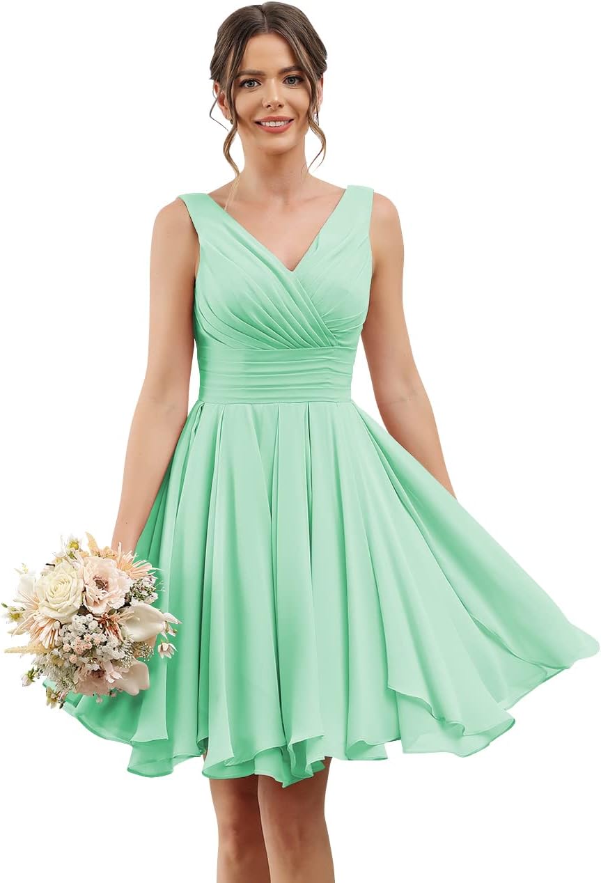 Double V Neck Short Bridesmaid Dresses for Women 2025 Chiffon A Line Formal Evening Gowns with Pockets