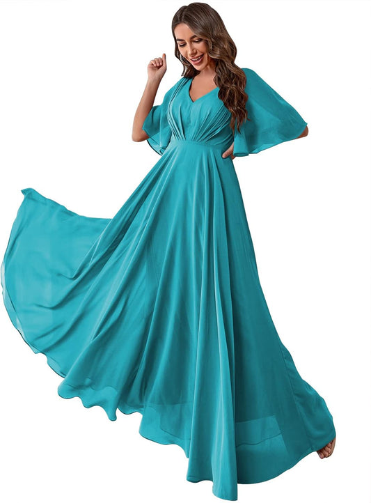Vestido de dama de honor de gasa con mangas murciélago y bolsillos, escote en V, largo y formal de noche para mujer 