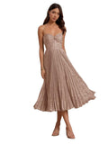 Floral Satin Midi Wedding Guest Dresses Pleated Tea Length Formal Evening Party Gowns
