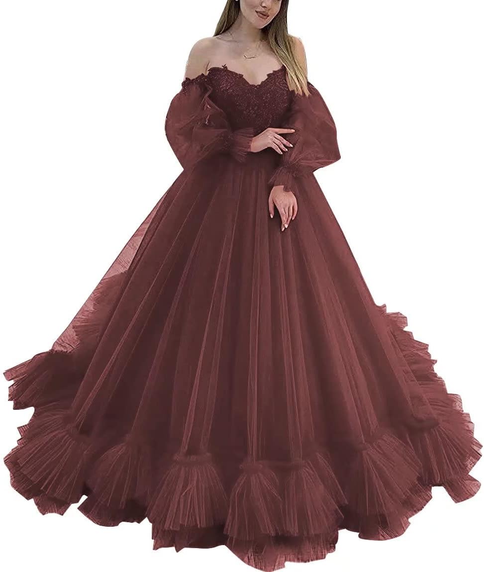 Off Shoulder Lace Appliques Ball Gown Quinceanera Dresses Long Sleeve Wedding Dress Bridal Gowns