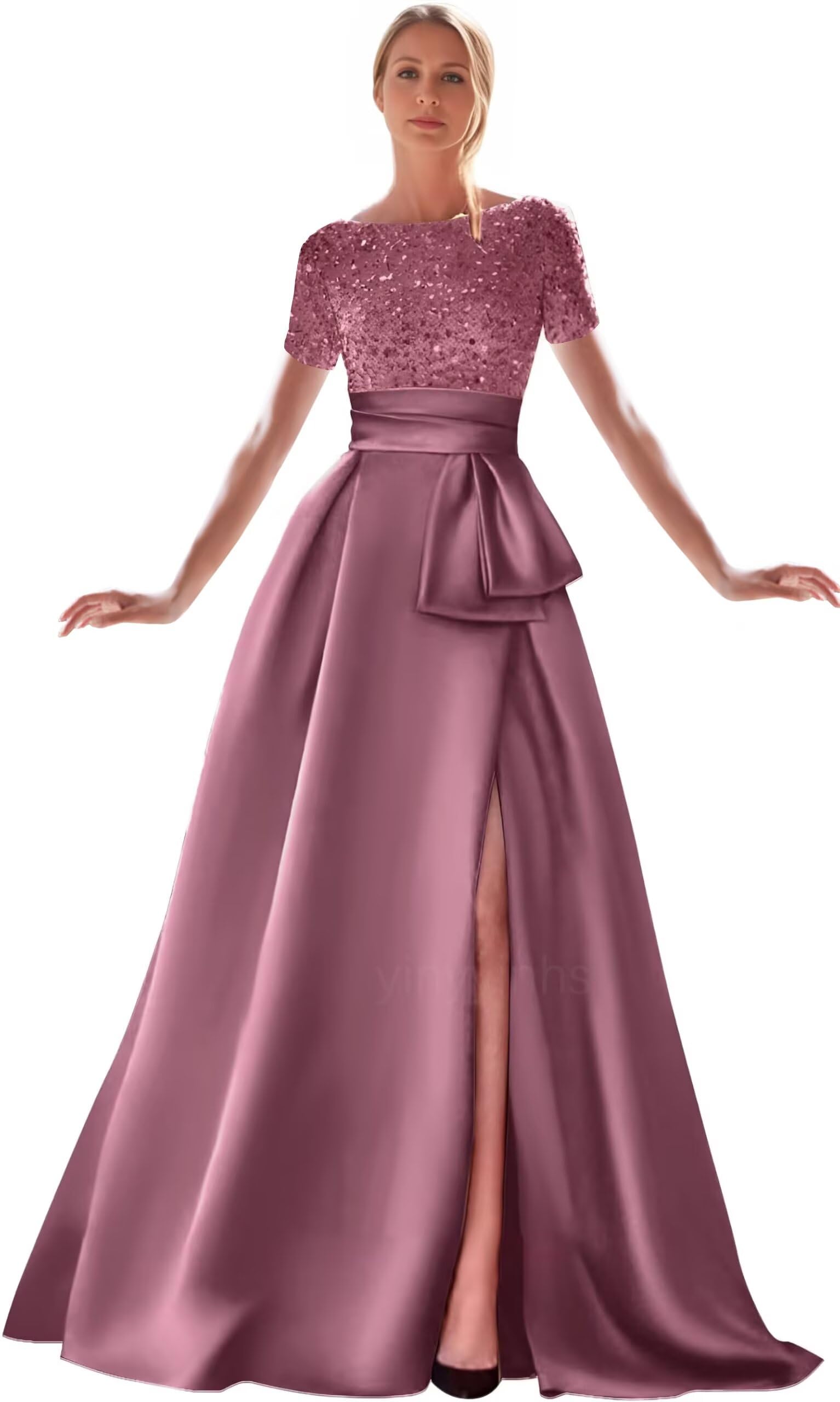Kingbridal Gowns Short Sleeve Sequin Prom Dresses for Women 2026 Satin A-Line Sparkly Formal Evening Party Ball Gowns with Slit