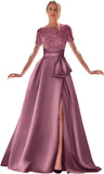 Kingbridal Gowns Short Sleeve Sequin Prom Dresses for Women 2026 Satin A-Line Sparkly Formal Evening Party Ball Gowns with Slit
