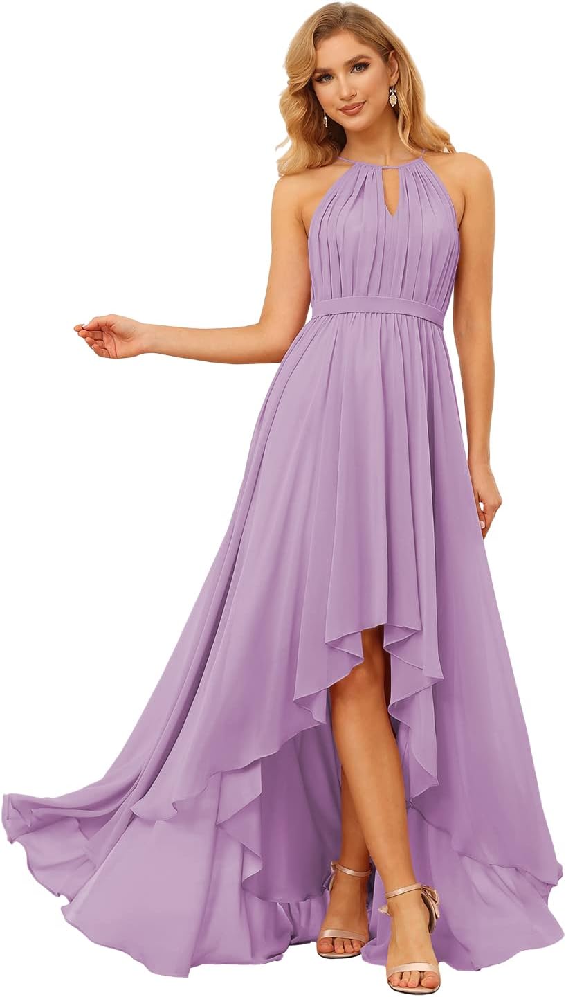 Damen Neckholder Brautjungfernkleider Lang mit Taschen High-Low Falten Formelles Kleid für Hochzeit 