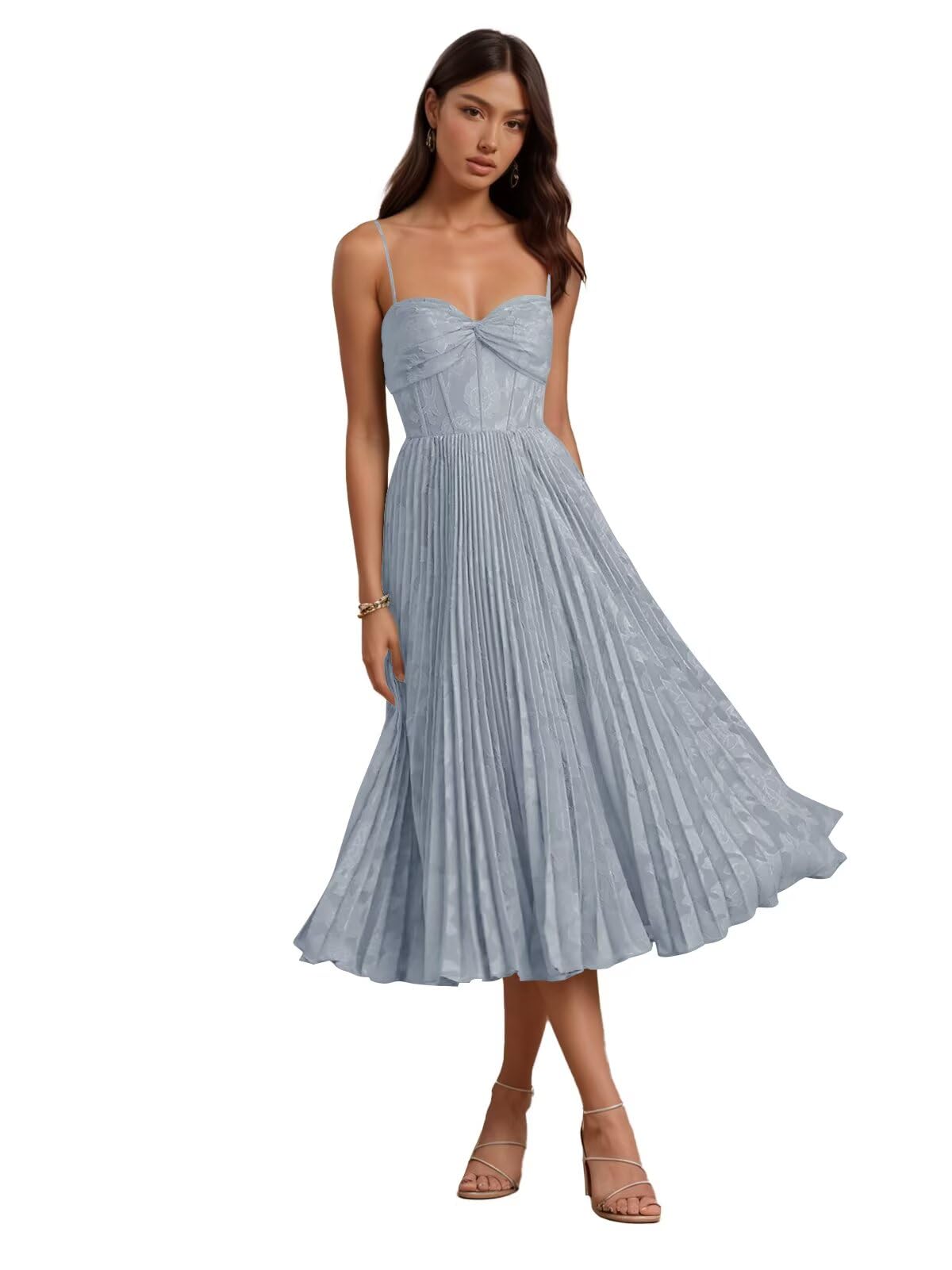 Floral Satin Midi Wedding Guest Dresses Pleated Tea Length Formal Evening Party Gowns
