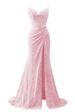 Spaghetti Straps Sequin Prom Dresses for Women 2027 Mermaid Ruched Formal Dress with Slit Sparkly Evening Party Gown