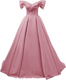 Off Shoulder Satin Prom Dresses for Women V-Neck Elegant A-Line Long Pleated Formal Evening Gown
