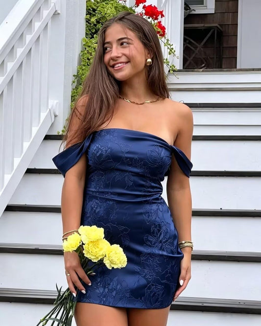Off Shoulder Satin Homecoming Dress Floral Jacquard Bodycon Mini Prom Graduation Cocktail Gown