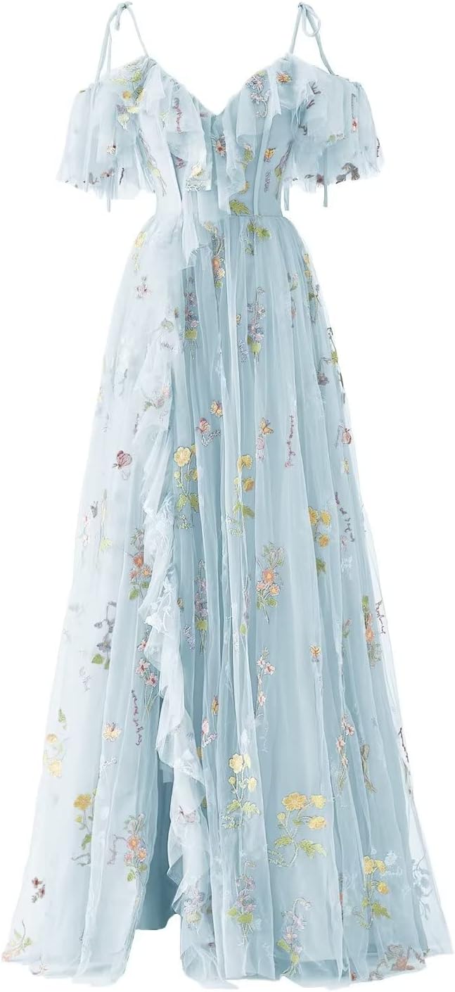 Vestidos de fiesta de tul con bordado floral para mujer, tirantes finos, largos, formales, de noche, 2024 