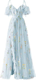 Vestidos de fiesta de tul con bordado floral para mujer, tirantes finos, largos, formales, de noche, 2024 