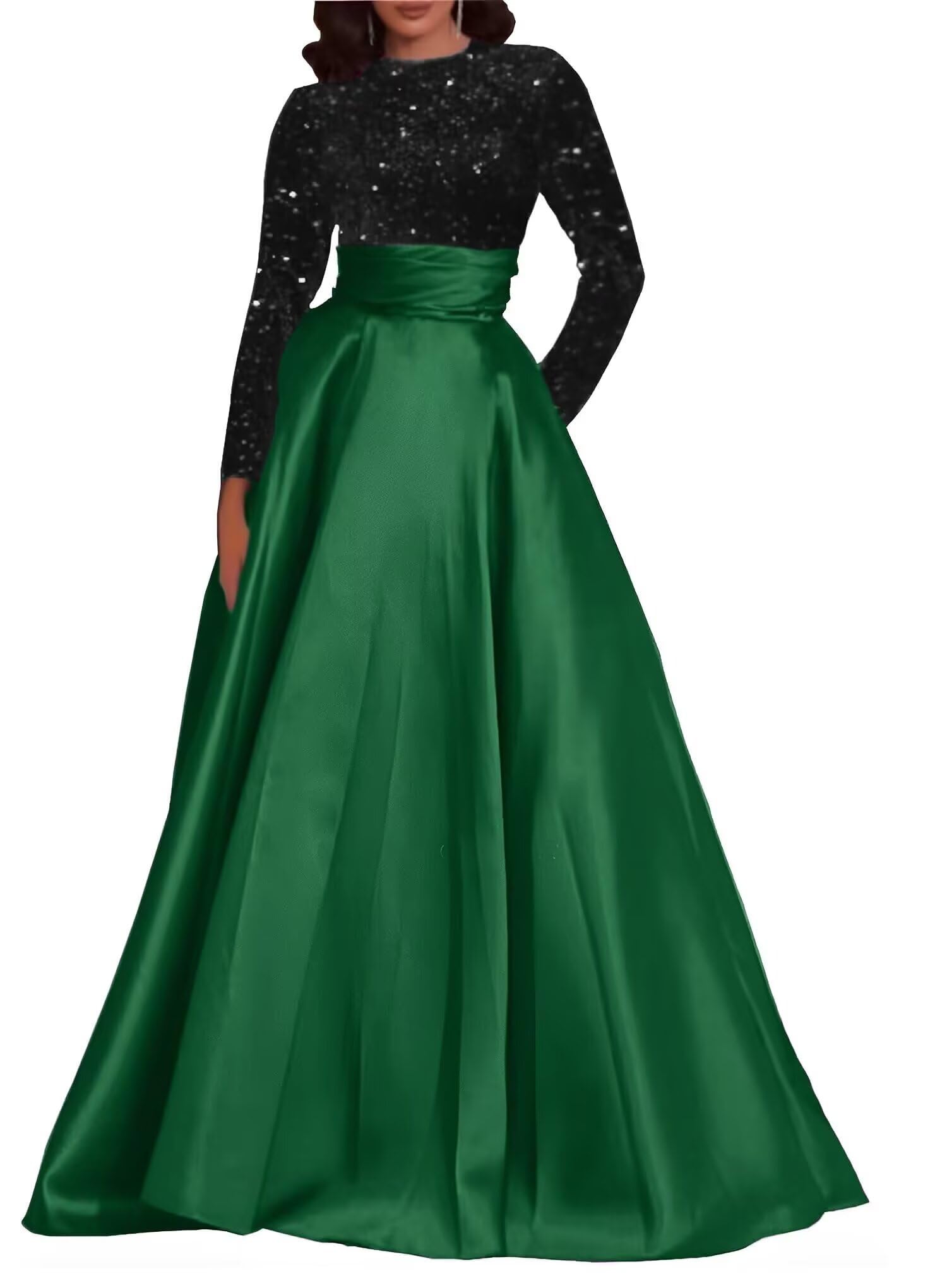 Kingbridal Gowns Long Sleeve Sequin Prom Dresses for Women Satin A-line Formal Dress 2026 Sparkly Evening Party Gowns with Pockets