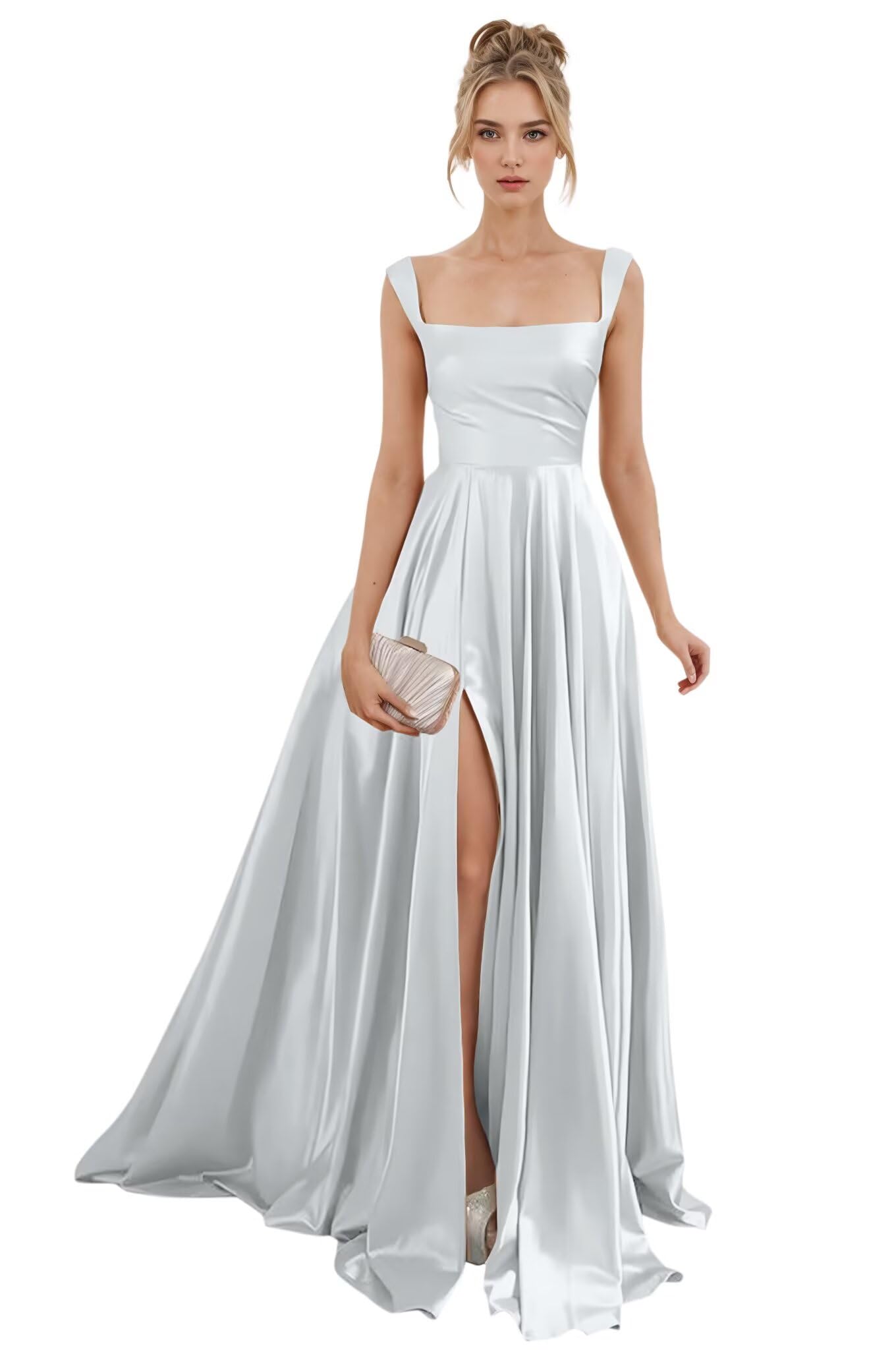 Spaghetti Straps Satin Bridesmaid Dresses for Women Long A-Line Square Neck Formal Evening Party Gown with Slit