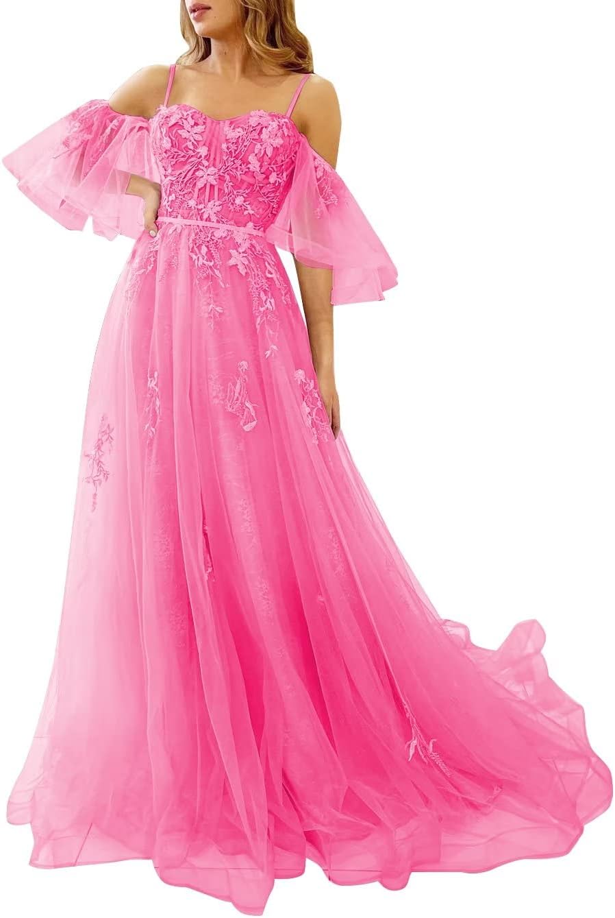 Vestidos de fiesta de tul con hombros descubiertos para adolescentes, vestidos formales con apliques de encaje, vestido de fiesta de noche formal de línea A