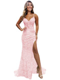 Sparkly Sequin Prom Dresses for Teens 2026 V Neck Glitter Applique Mermaid Formal Evening Gown with Slit