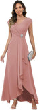 Cap Sleeve Mother of The Bride Dresses Chiffon V Neck Beaded Ruffles A Line Long Formal Evening Dress