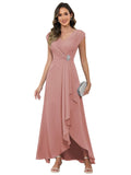 Cap Sleeve Mother of The Bride Dresses Chiffon V Neck Beaded Ruffles A Line Long Formal Evening Dress