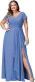 Vestidos de dama de honor de talla grande con mangas con volantes y bolsillos, vestido formal largo con escote en V y abertura. 