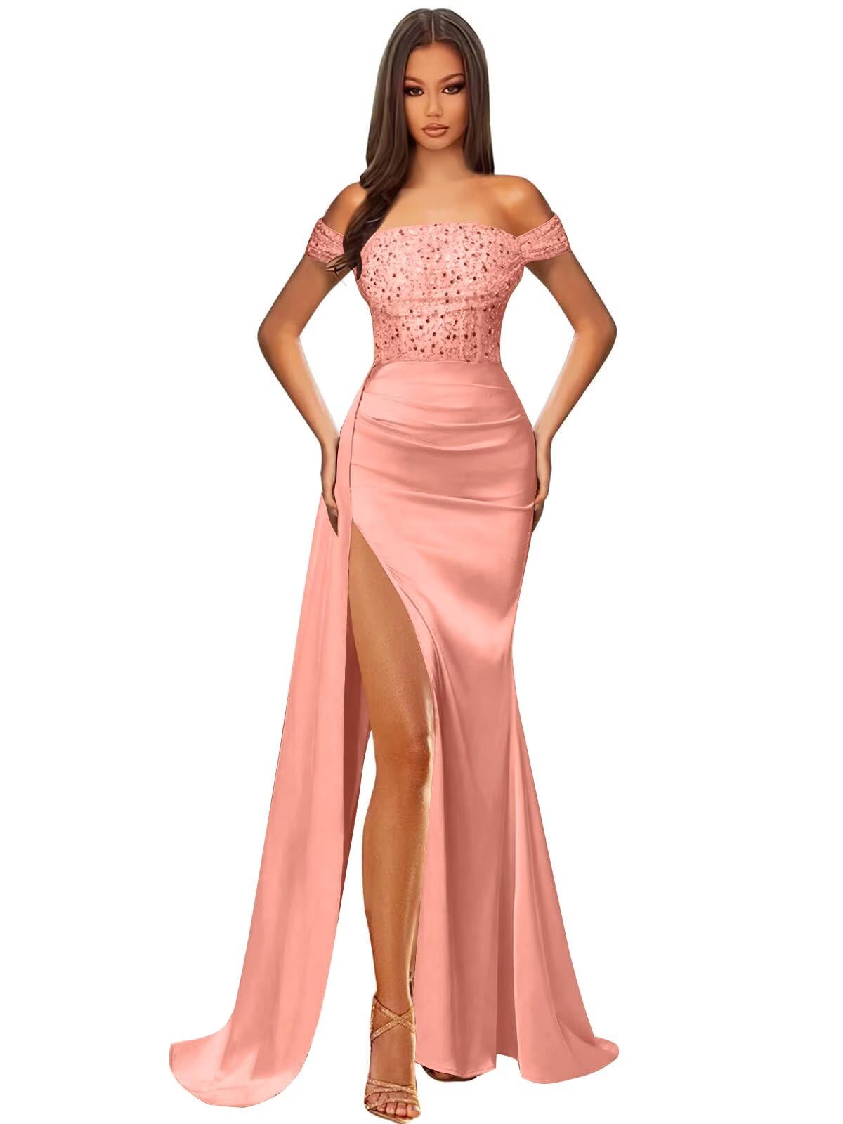 Off Shoulder Sequin Prom Dresses for Women 2027 Long Mermaid Tight Satin Formal Evening Party Dress with Slit