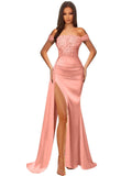 Off Shoulder Sequin Prom Dresses for Women 2027 Long Mermaid Tight Satin Formal Evening Party Dress with Slit
