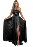 Vestido de fiesta de satén metálico brillante con abertura para mujer, vestido formal de noche plisado con cuello halter 