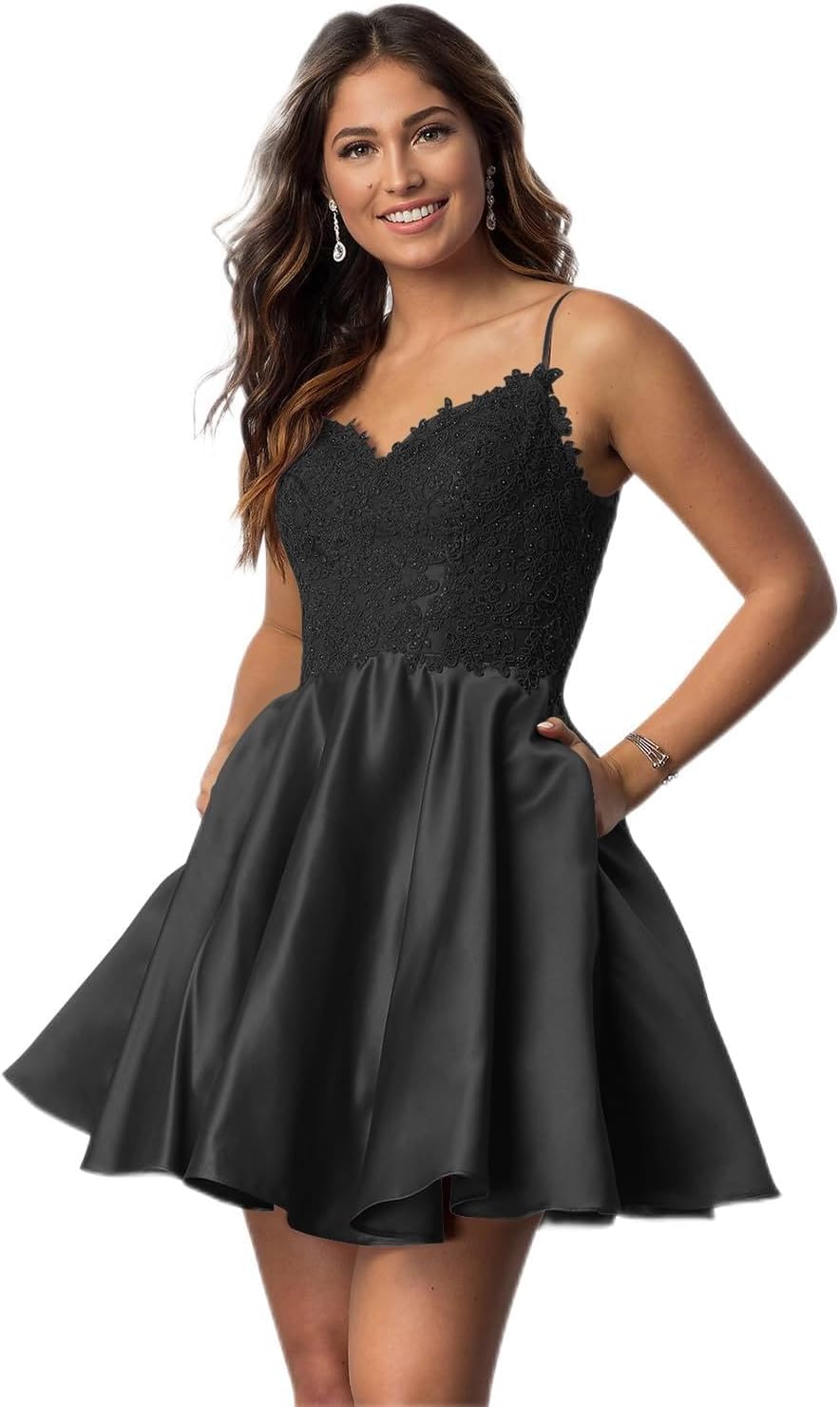 Vestidos cortos de fiesta con tirantes finos para jóvenes, con encaje, escote en V y bolsillos.