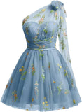 One Shoulder Homecoming Dresses for Teens Flower Embroidery Tulle Short Prom Dress A-Line Formal Party Ball Gowns