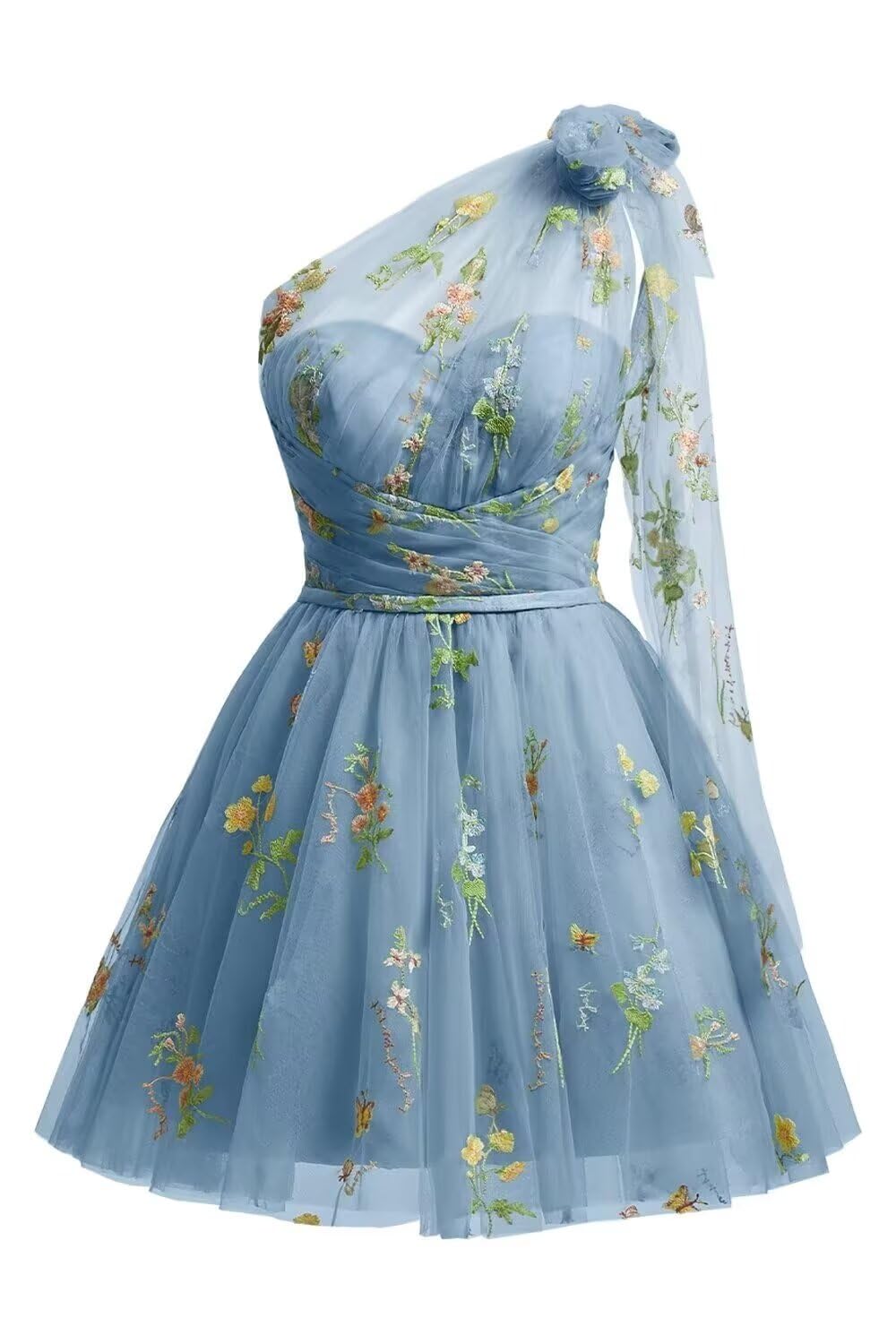 One Shoulder Homecoming Dresses for Teens Flower Embroidery Tulle Short Prom Dress A-Line Formal Party Ball Gowns