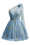 One Shoulder Homecoming Dresses for Teens Flower Embroidery Tulle Short Prom Dress A-Line Formal Party Ball Gowns