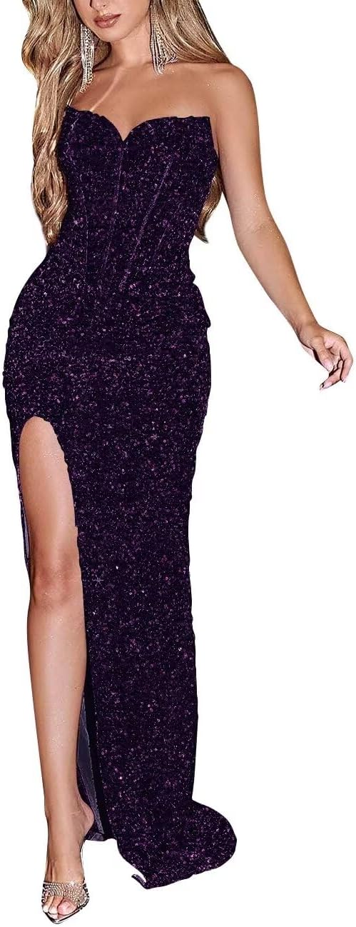 Sparkly Sequin Prom Dresses for Women 2025 Long Mermaid Strapless Glitter Formal Evening Prom Ball Gown with Slit