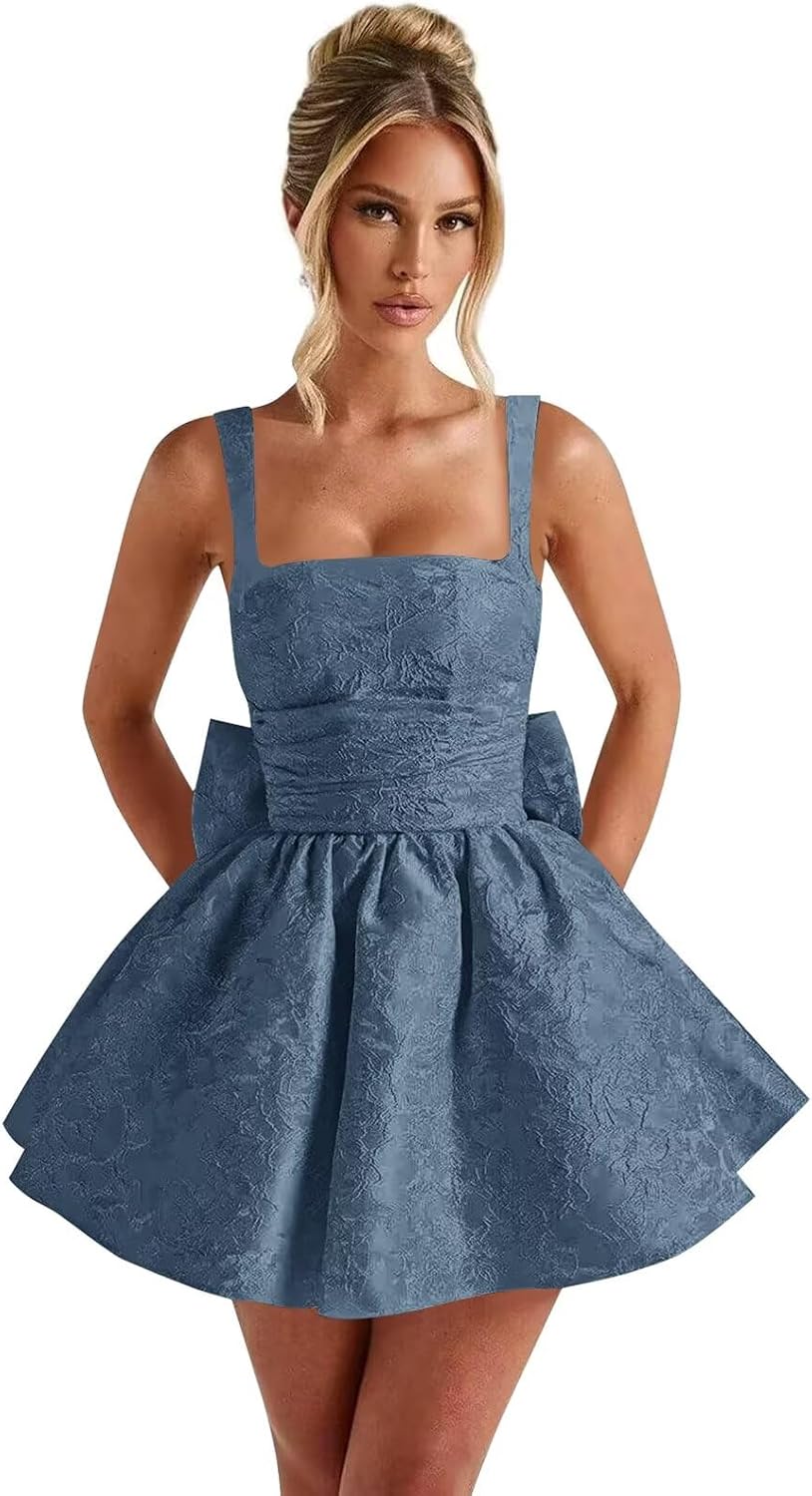 Satin Jacquard Homecoming Dress with Bow Short A-Line Mini Prom Cocktail Party Gown