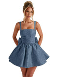 Satin Jacquard Homecoming Dress with Bow Short A-Line Mini Prom Cocktail Party Gown