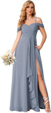 Damen Schulterfreies Brautjungfernkleid Lang mit Schlitz Chiffon Rüschen Falten Formales Partykleid 
