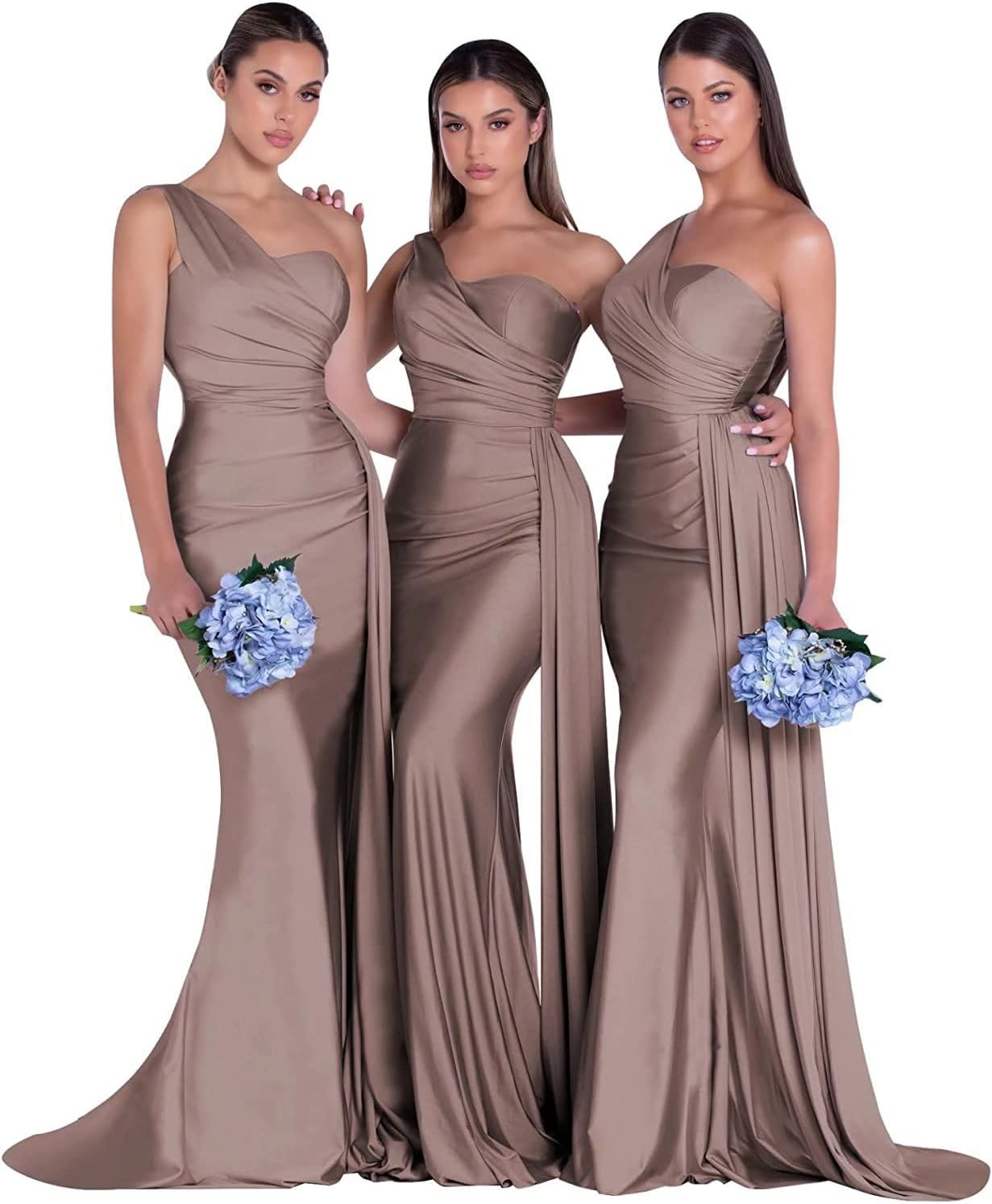 Women's One Shoulder Mermaid Bridesmaid Dresses Long Ruched Bodycon Satin Formal Prom Gowns